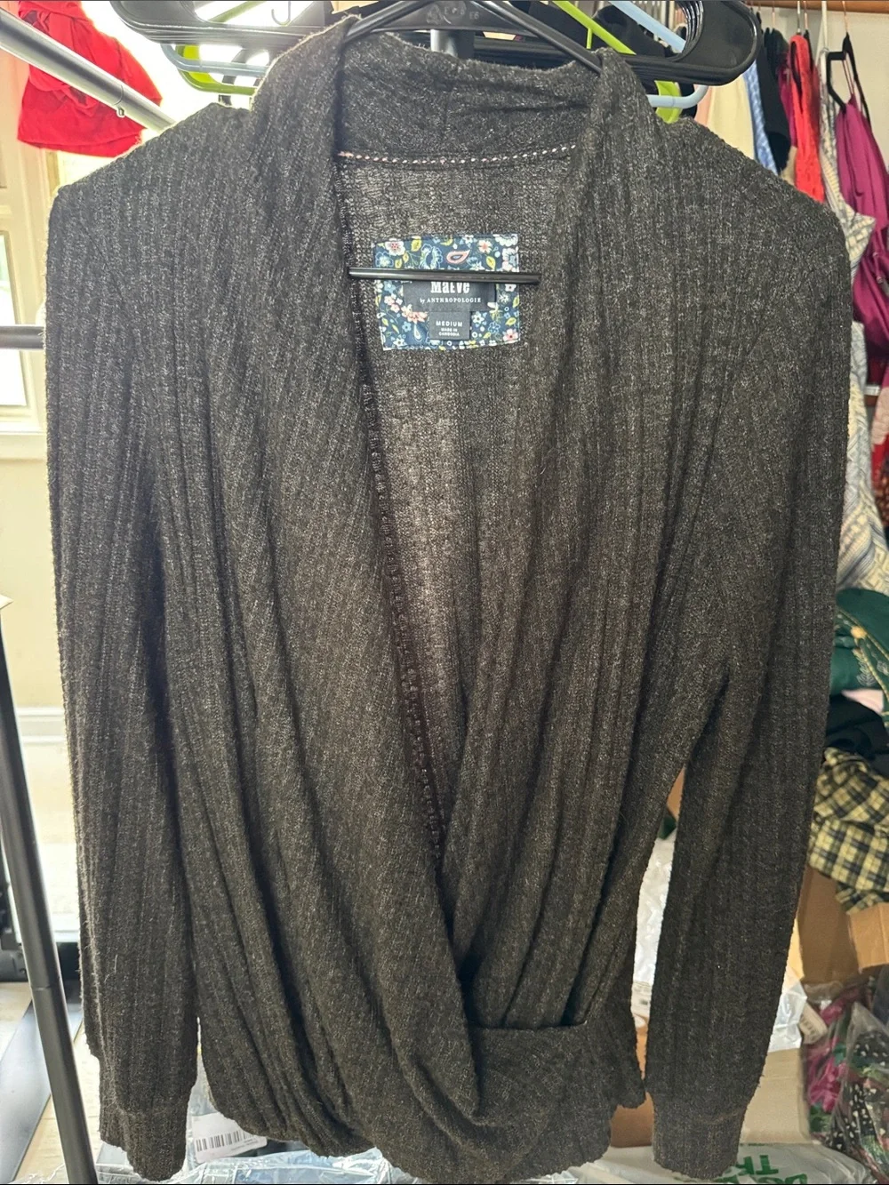 Maeve Charcoal Ribbed Draped Pullover Cardigan